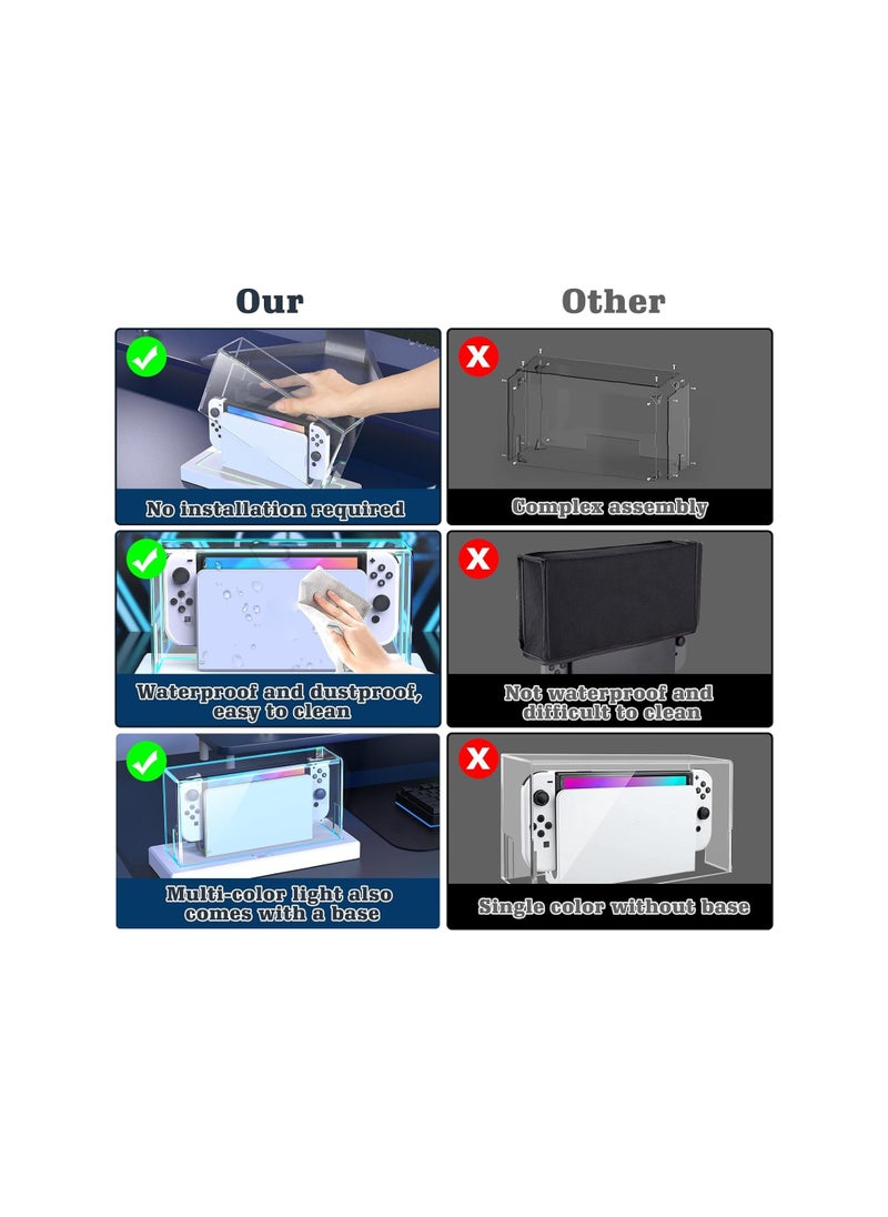 Switch Dust Cover, with 16 LED Colors Light Base, Fit for Nintendo Switch/OLED, Acrylic Clear Display Box Anti-Scratch Waterproof Slim Dock Case, Cool Switch Accessories(with Remote)