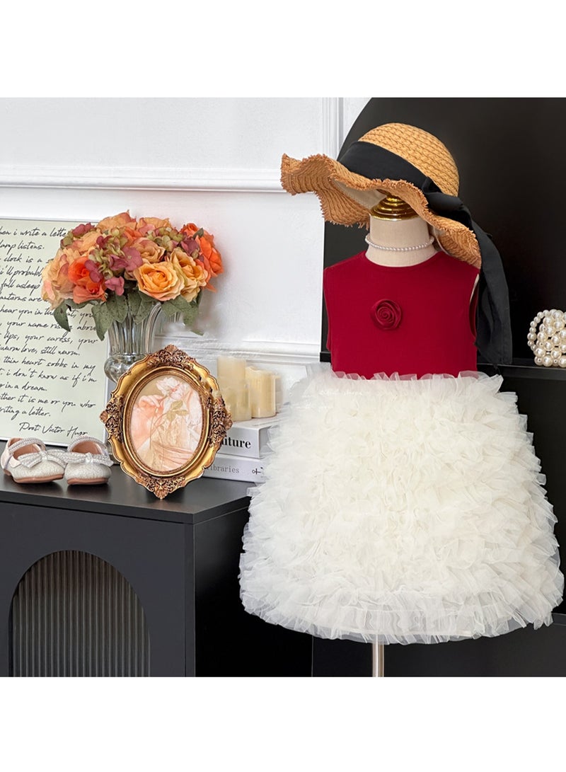 العنوان: فستان صيفي بناتي 1–2 سنوات، فستان رقيق باللونين الأحمر والأبيض مع طبقة من الورد والتول، مثالي لحفلات عيد الميلاد، الزفاف، حفلات الصفحة واحتفالات العيد، يناسب الطول 80–90 سم - Image 1