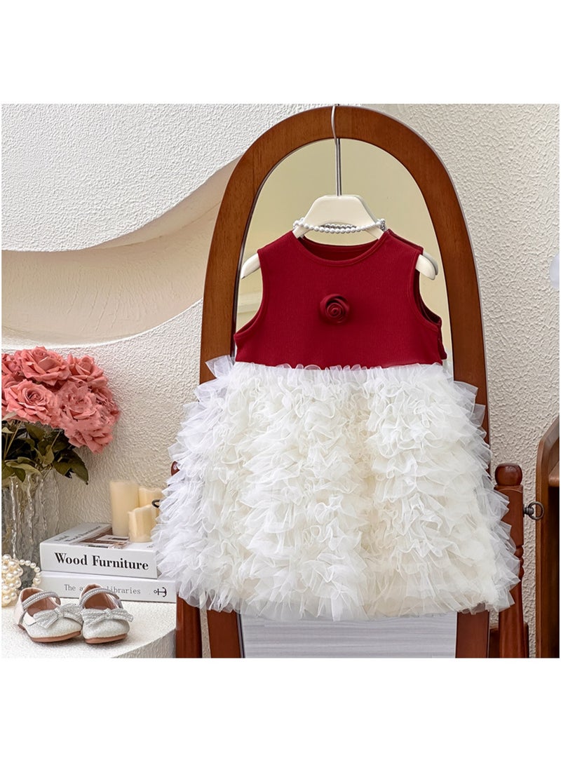 العنوان: فستان صيفي بناتي 1–2 سنوات، فستان رقيق باللونين الأحمر والأبيض مع طبقة من الورد والتول، مثالي لحفلات عيد الميلاد، الزفاف، حفلات الصفحة واحتفالات العيد، يناسب الطول 80–90 سم - Image 2