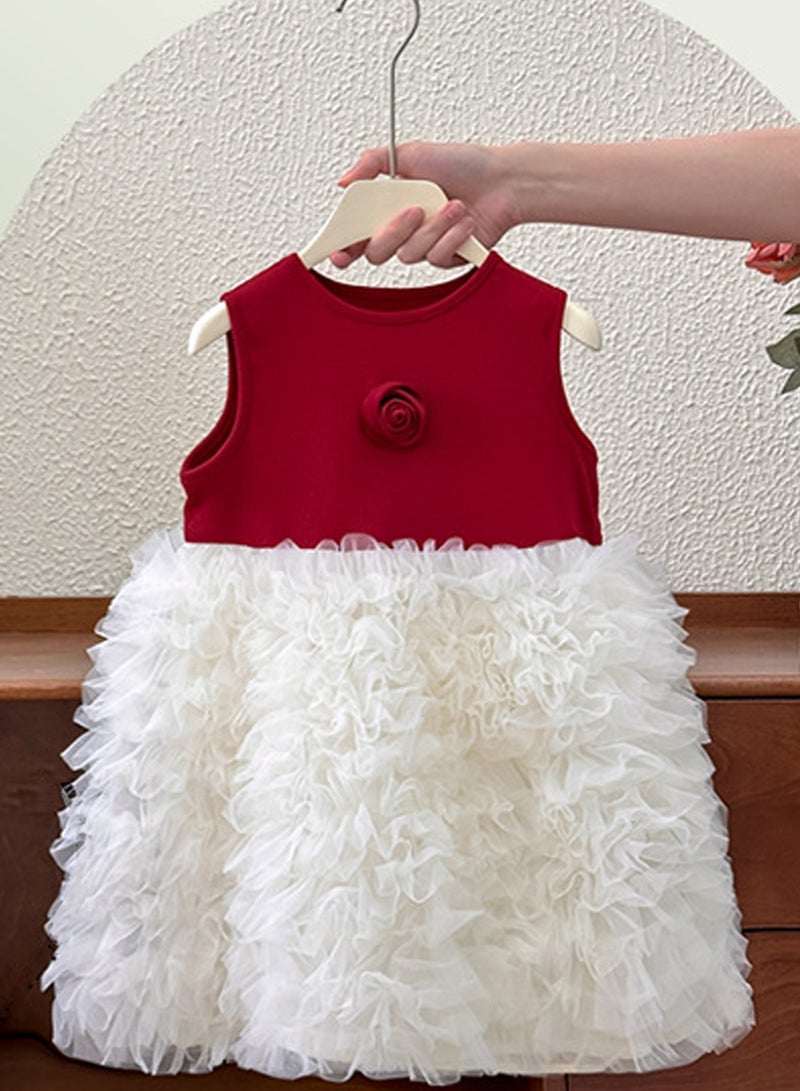 العنوان: فستان صيفي بناتي 1–2 سنوات، فستان رقيق باللونين الأحمر والأبيض مع طبقة من الورد والتول، مثالي لحفلات عيد الميلاد، الزفاف، حفلات الصفحة واحتفالات العيد، يناسب الطول 80–90 سم - Image 4