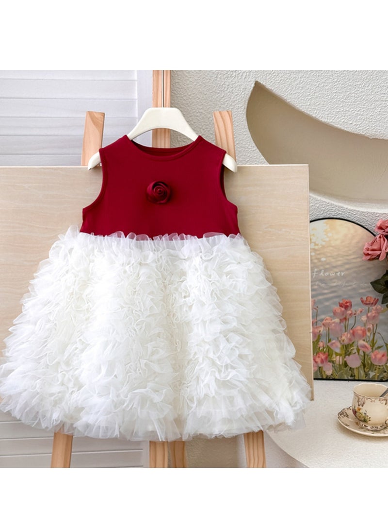 العنوان: فستان صيفي بناتي 1–2 سنوات، فستان رقيق باللونين الأحمر والأبيض مع طبقة من الورد والتول، مثالي لحفلات عيد الميلاد، الزفاف، حفلات الصفحة واحتفالات العيد، يناسب الطول 80–90 سم - Image 3