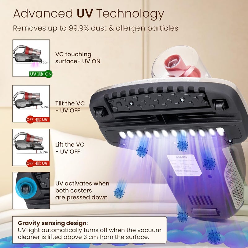AGARO Grand Bed Vacuum Cleaner Cyclonic Technology for Dust Collection UV Light Sterilization 12kPa Suction Power Suitable for Bed Sofa Pillow and Other Fabric Surfaces Dark Grey Black - Image 5