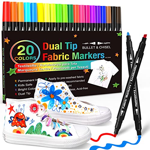 KERIFI Dual Tip Fabric Markers Permanent for Clothes 20 Colors Fabric Decorating Paint Pens for Kids TShirt Shoe Markers for Sneakers Clothing Canvas Textile Bibs Coloring Book Chisel Fine Tip