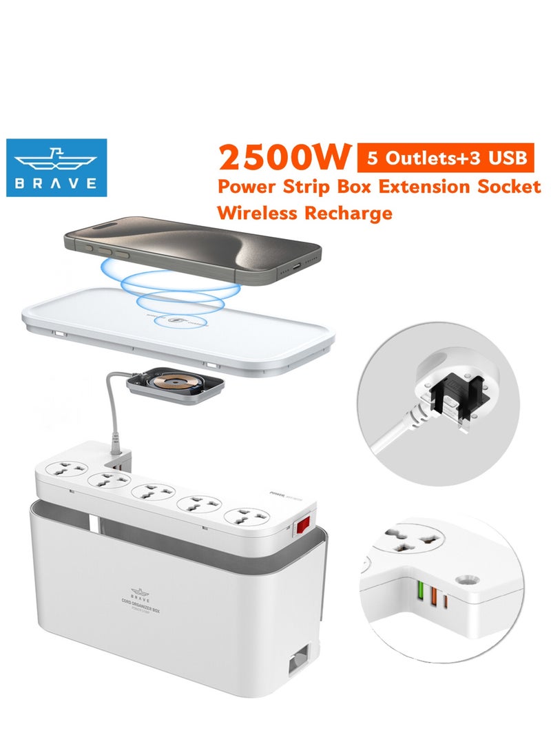 Brave - 3 in 1 USB C Power Extension Cord with 15W Wireless Charger and Cable Management Box 5 Universal Outlets 20W USB-C PP 2 USB-A QC3.0 18W 2M Cable Power Strip Elegant Organizer Box (3 in 1) - Image 1