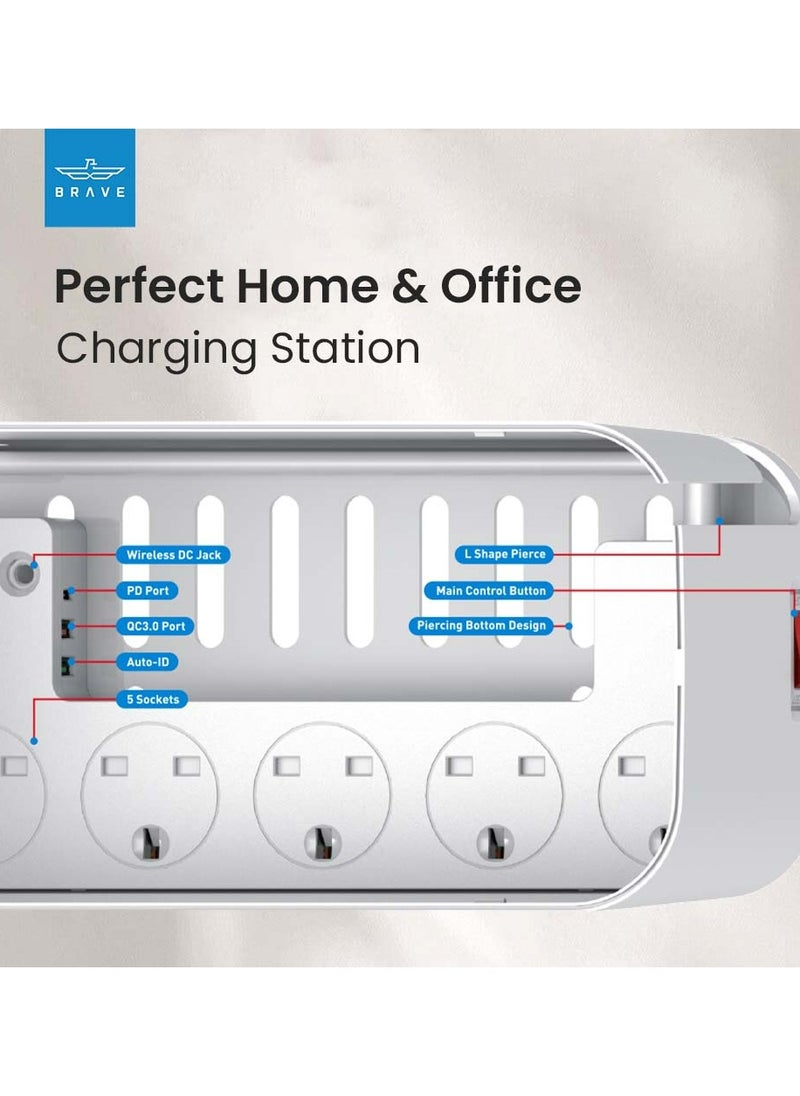 Brave - 3 in 1 USB C Power Extension Cord with 15W Wireless Charger and Cable Management Box 5 Universal Outlets 20W USB-C PP 2 USB-A QC3.0 18W 2M Cable Power Strip Elegant Organizer Box (3 in 1) - Image 1