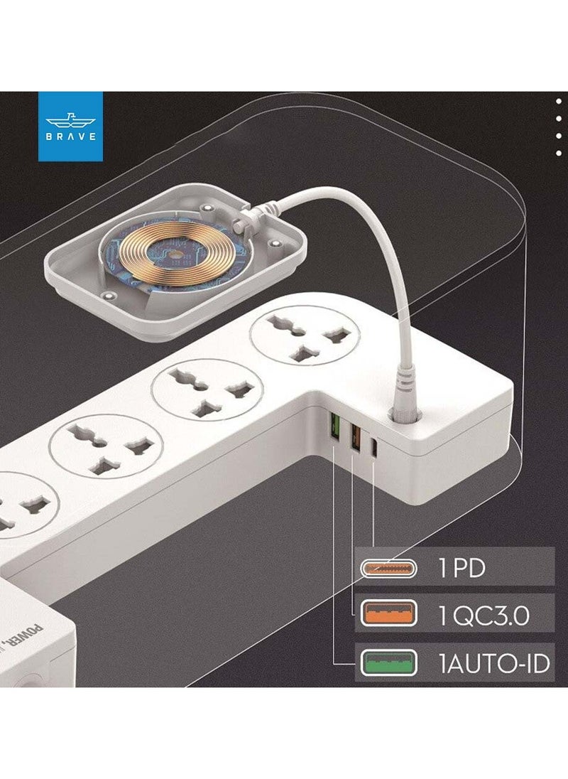 Brave - 3 in 1 USB C Power Extension Cord with 15W Wireless Charger and Cable Management Box 5 Universal Outlets 20W USB-C PP 2 USB-A QC3.0 18W 2M Cable Power Strip Elegant Organizer Box (3 in 1) - Image 1