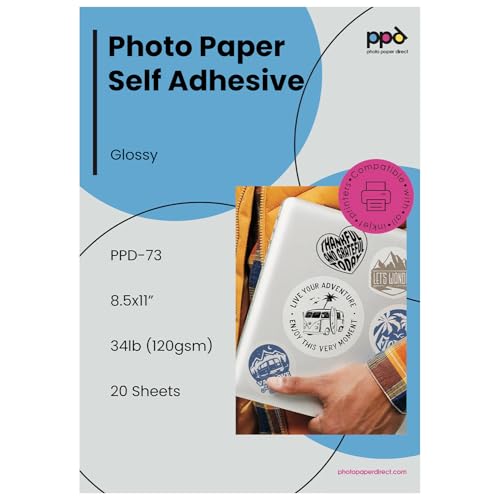 PPD Premium Printable Sticker Paper for Inkjet Printer - 20 Sheets Photo Quality Paper 8.5 x 11 - Self-Adhesive and Instant Dry - PPD-73-20 - Image 1