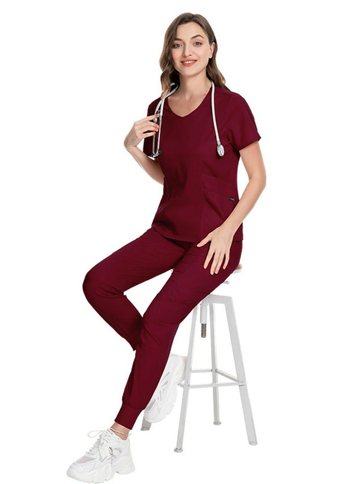 Loquat Medical Uniform Scrubs 2 Piece Set V-Neck Top and Elastic Waist Jogger Pants Suit Wine Red - Image 1