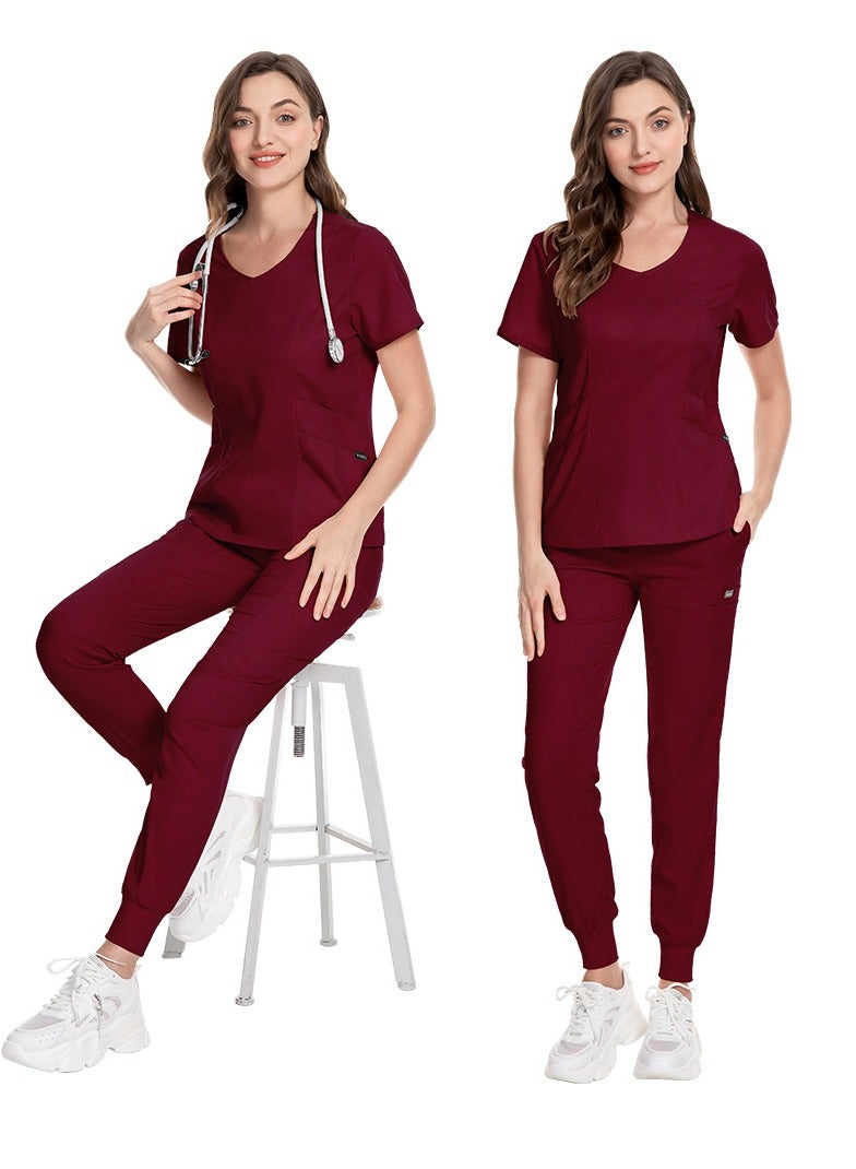 Loquat Medical Uniform Scrubs 2 Piece Set V-Neck Top and Elastic Waist Jogger Pants Suit Wine Red - Image 2