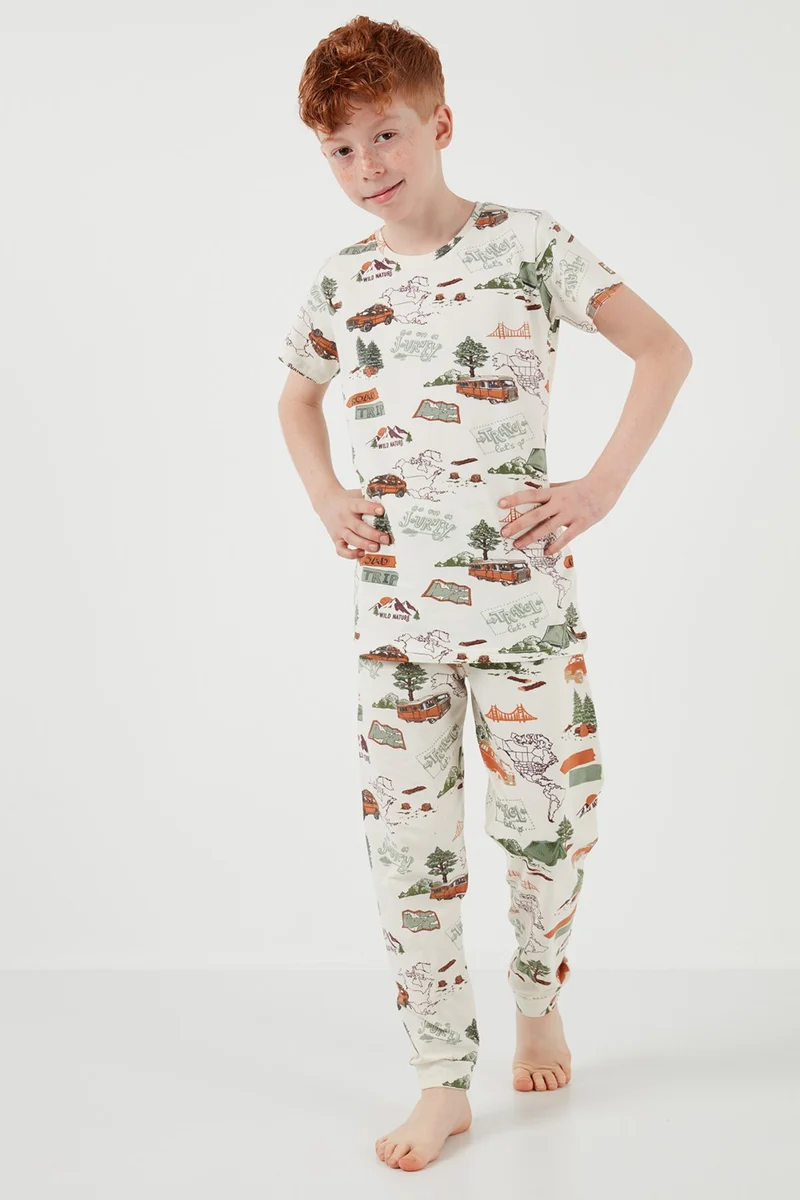 Lela Patterned 100% Cotton Crew Neck Pajama Set Boy's Pajama Set 6651003