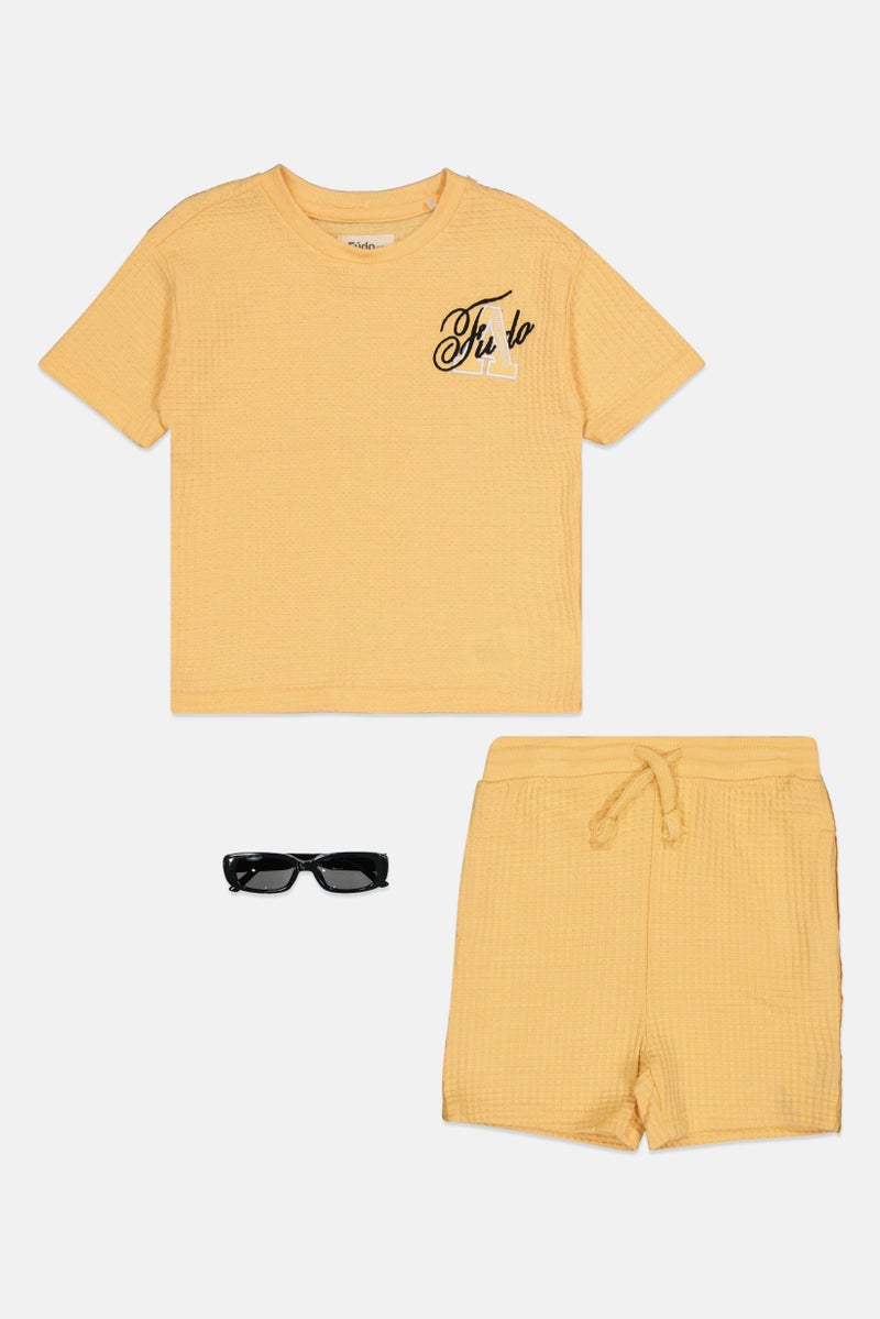 Fudo Toddlers Boy 3 Pcs Embroidered Logo Top And Bottom Set With Sunglasses, Orange - Image 1