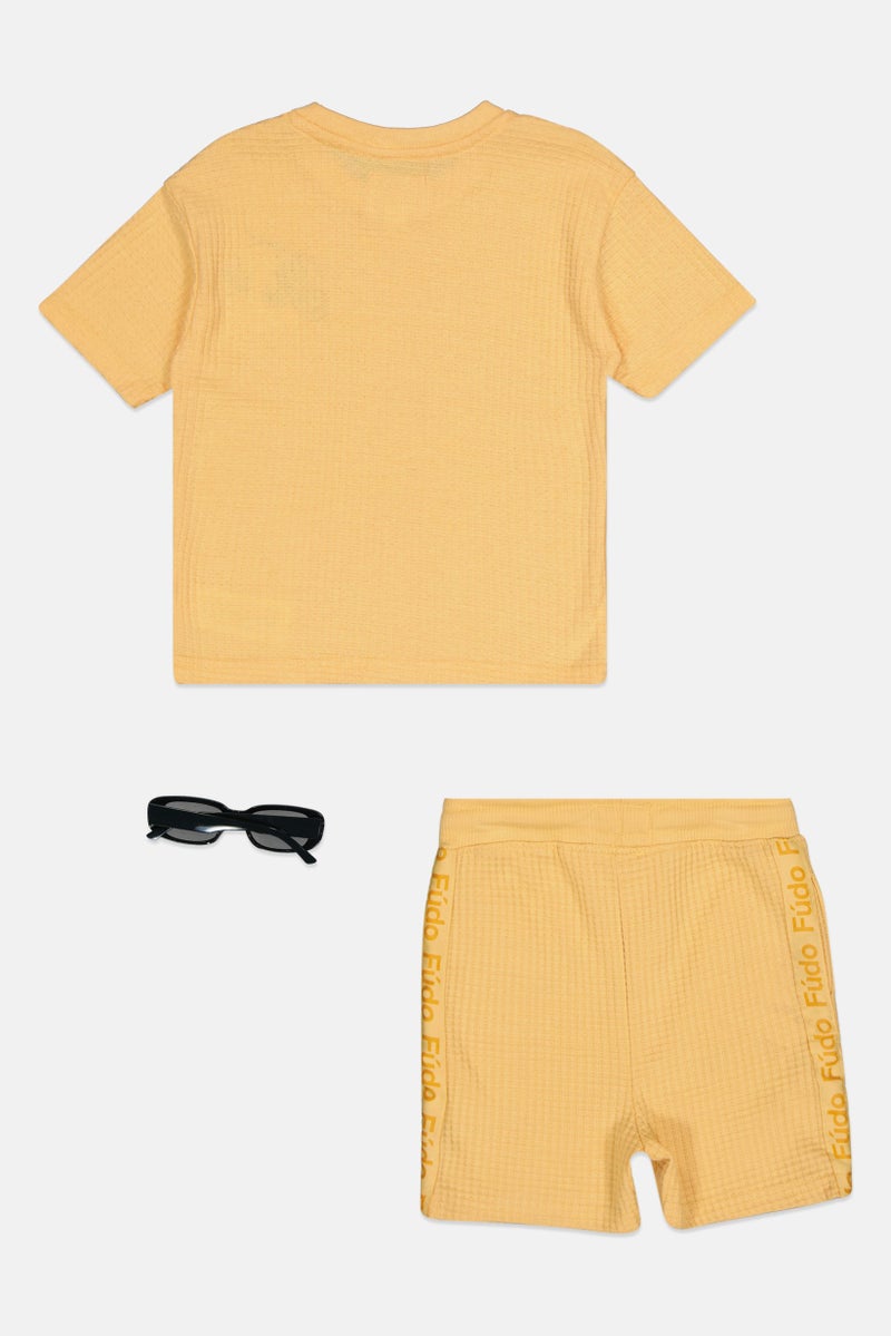 Fudo Toddlers Boy 3 Pcs Embroidered Logo Top And Bottom Set With Sunglasses, Orange - Image 2