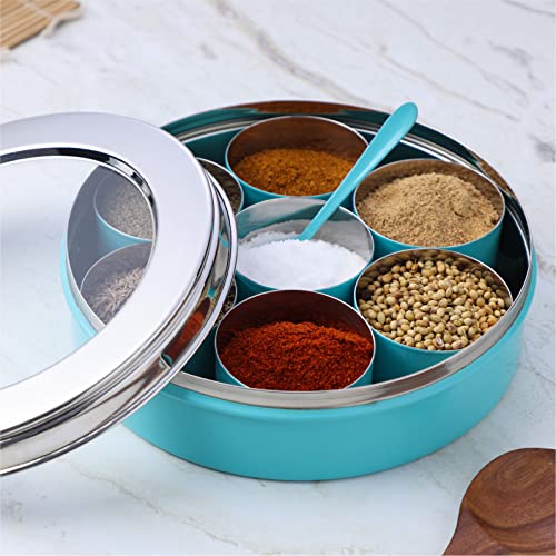 anantam homes Homes Stainless Steel Masala Dabba Masaladani | Spice Box For Kitchen | Masala Dani With See Through Lid With 7 Containers And A Small Spoon- Moss-Green, Blue-Green - Image 1