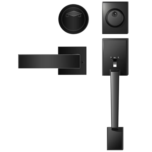 Azdele Front Door Handle and Deadbolt Set, Front Door Lock Set, Exterior Door Lock Set, Front Door Handle with Single Cylinder Deadbolt for Exterior Door, Reversible for Right&Left(Matte Black Modern) - Image 1