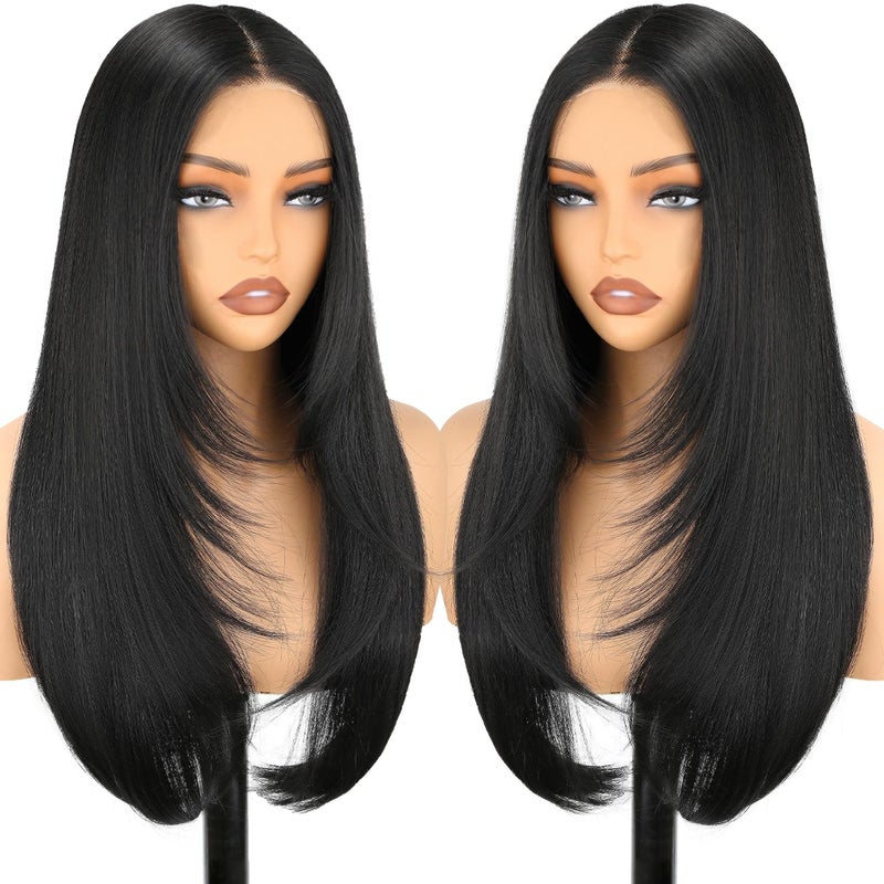 NOSTALGIA Black Wear and Go Glueless Wigs Straight Lace Front Wig Pre Cut Glueless Synthetic Layered Wig 24 Inch Middle Part Closure Wig For Women - Image 1