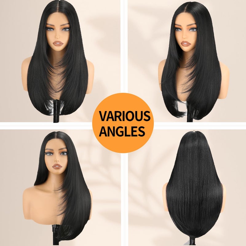 NOSTALGIA Black Wear and Go Glueless Wigs Straight Lace Front Wig Pre Cut Glueless Synthetic Layered Wig 24 Inch Middle Part Closure Wig For Women - Image 3