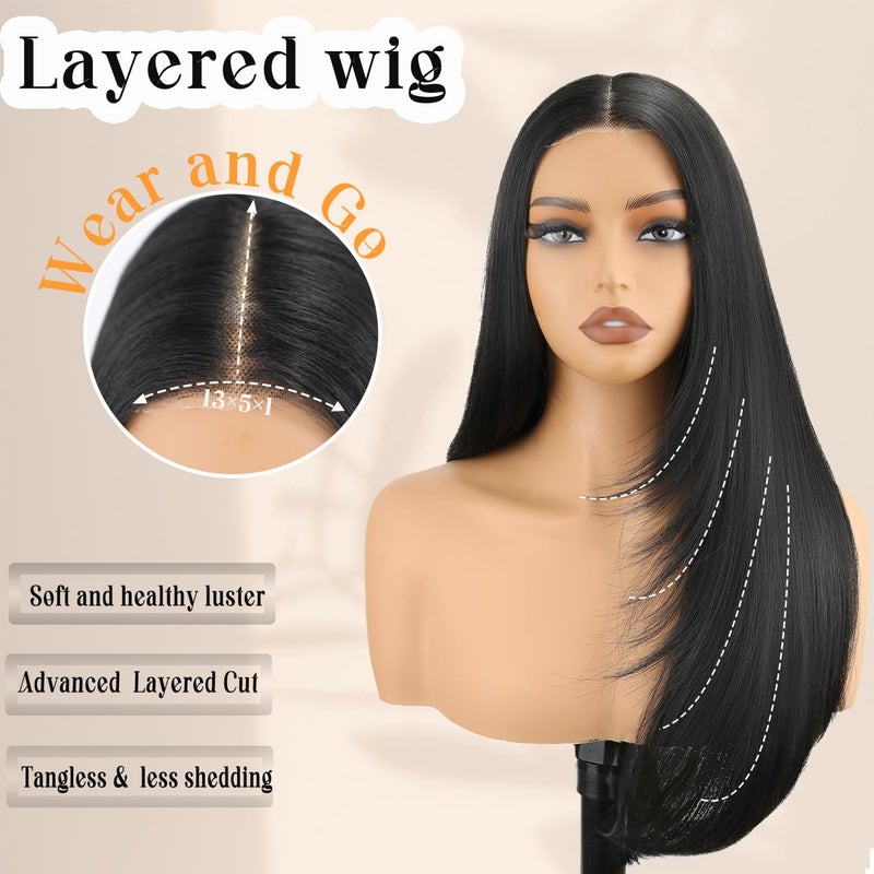 NOSTALGIA Black Wear and Go Glueless Wigs Straight Lace Front Wig Pre Cut Glueless Synthetic Layered Wig 24 Inch Middle Part Closure Wig For Women - Image 5