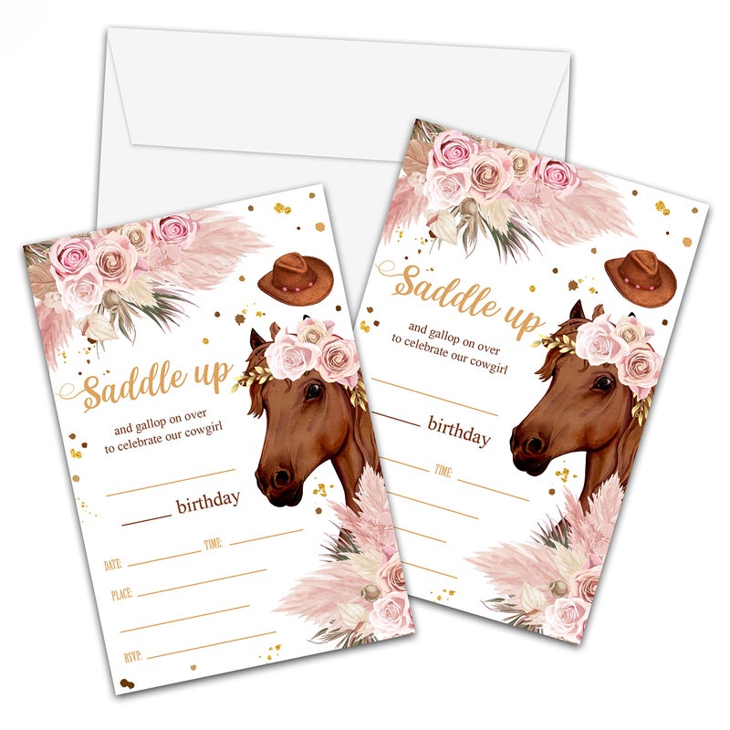 Foosproea Horse Birthday Invitations with Envelopes Cowgirl Party Invitation Card for Girls Boho Pink Pampas Grass Fillin Invites Cards Pony Party Celebration 20 Pack03