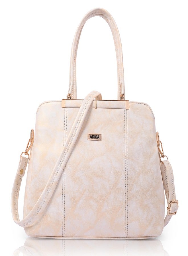 ADISA two tone handbag 3 compartments shoulder bag for women and girls with sling belt (AD4084-CRE) - Image 1