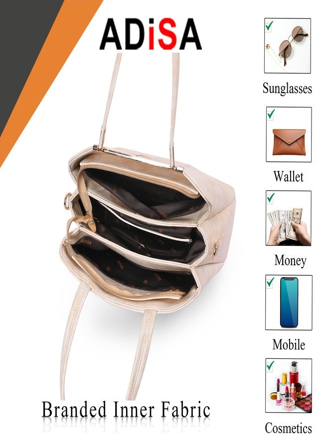 ADISA two tone handbag 3 compartments shoulder bag for women and girls with sling belt (AD4084-CRE) - Image 4