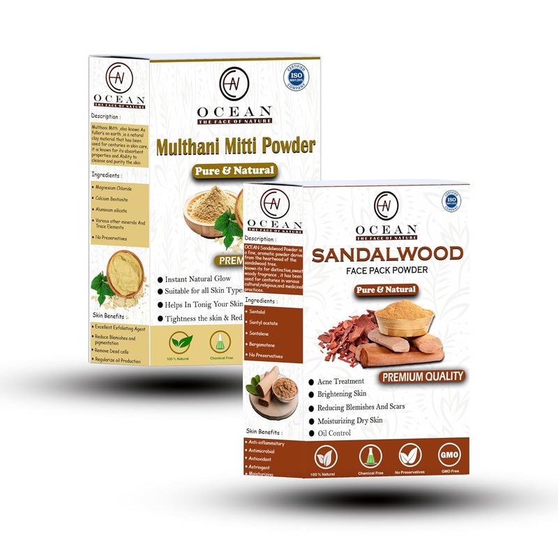 Ocean Combo Of Sandalwood Powder And Multhani Mitti Powder For Face Pack 100 Natural Organic Skin Care Powders Pack Of 2 x 100 200g Chemical Free Paraben Free