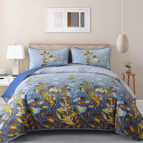 WONGS BEDDING 3 Pieces Quilt Set Queen Size BlueGold Floral Bedspread Coverlet Set Soft Microfiber Lightweight Floral Bedding Set King 10490 - Image 1