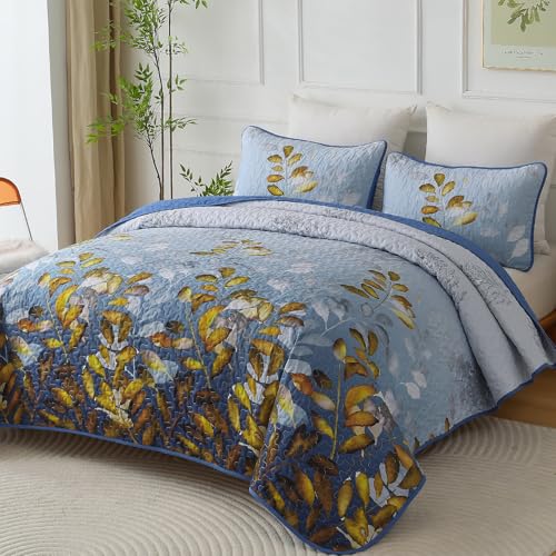 WONGS BEDDING 3 Pieces Quilt Set Queen Size BlueGold Floral Bedspread Coverlet Set Soft Microfiber Lightweight Floral Bedding Set King 10490 - Image 3