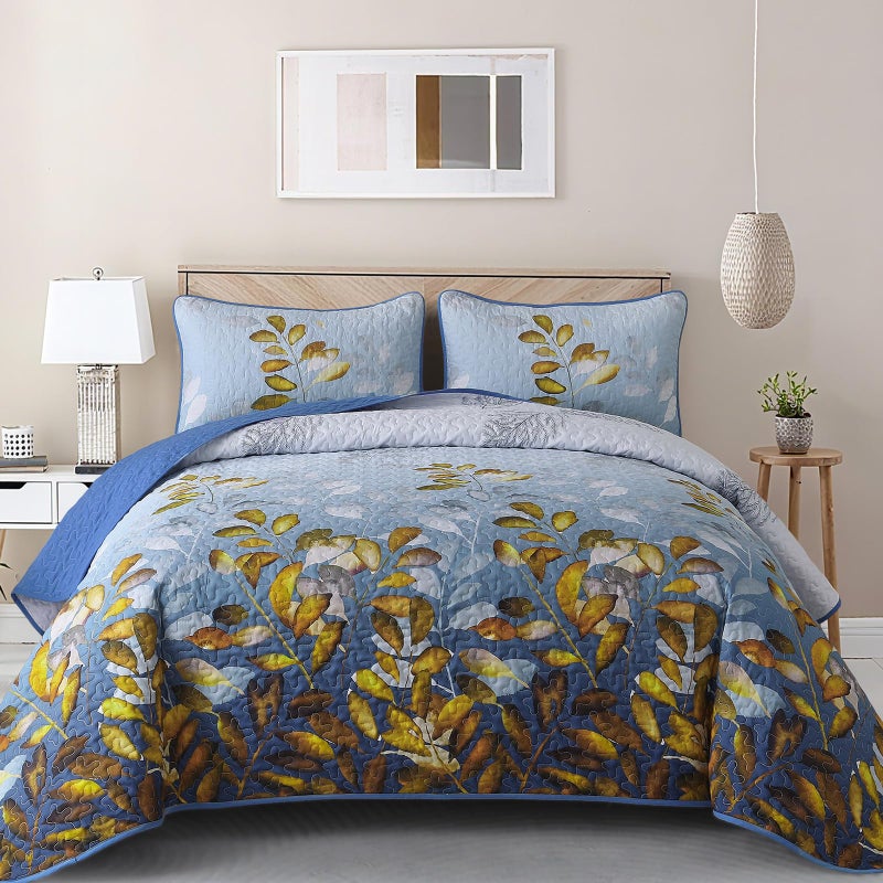 WONGS BEDDING 3 Pieces Quilt Set Queen Size BlueGold Floral Bedspread Coverlet Set Soft Microfiber Lightweight Floral Bedding Set King 10490 - Image 2