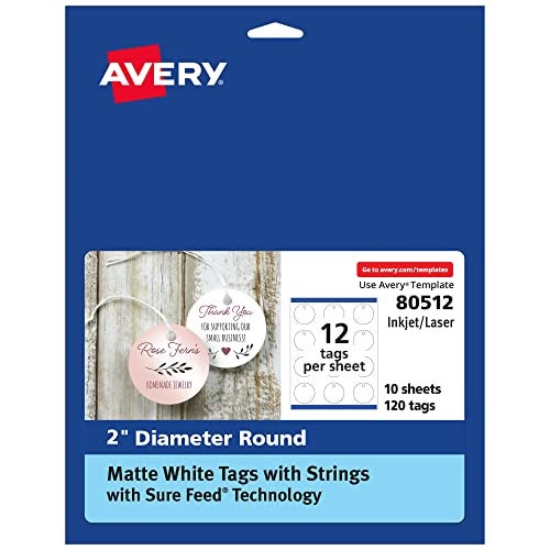 Avery Round Tags, Sure Feed Technology, 2" Diameter, Matte White, Strings Included, 120 Total, Print-to-The-Edge, Laser/Inkjet Printable (80512) - Image 1