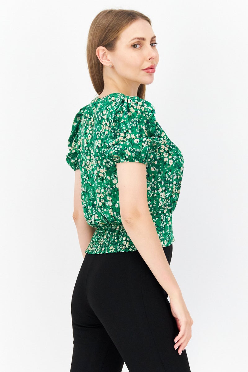 Miss Selfridge Women Round Neck Short Sleeve Floral Print Top, Green Combo - Image 2