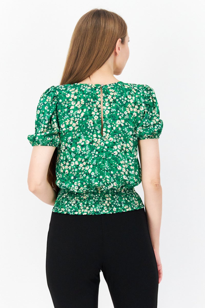 Miss Selfridge Women Round Neck Short Sleeve Floral Print Top, Green Combo - Image 4