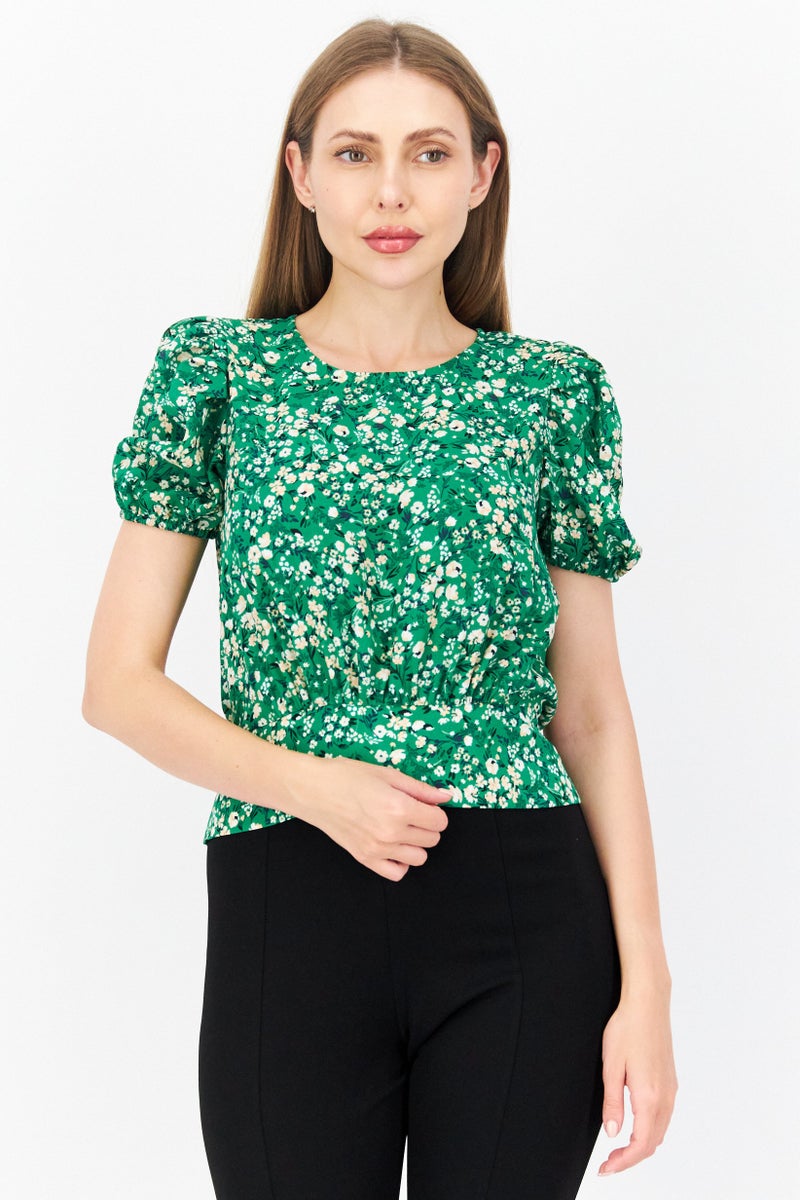 Miss Selfridge Women Round Neck Short Sleeve Floral Print Top, Green Combo - Image 1