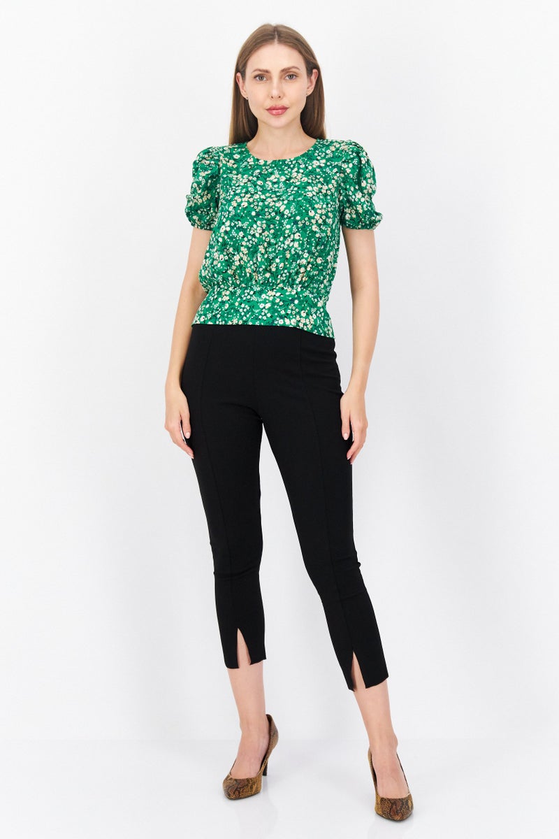 Miss Selfridge Women Round Neck Short Sleeve Floral Print Top, Green Combo - Image 3