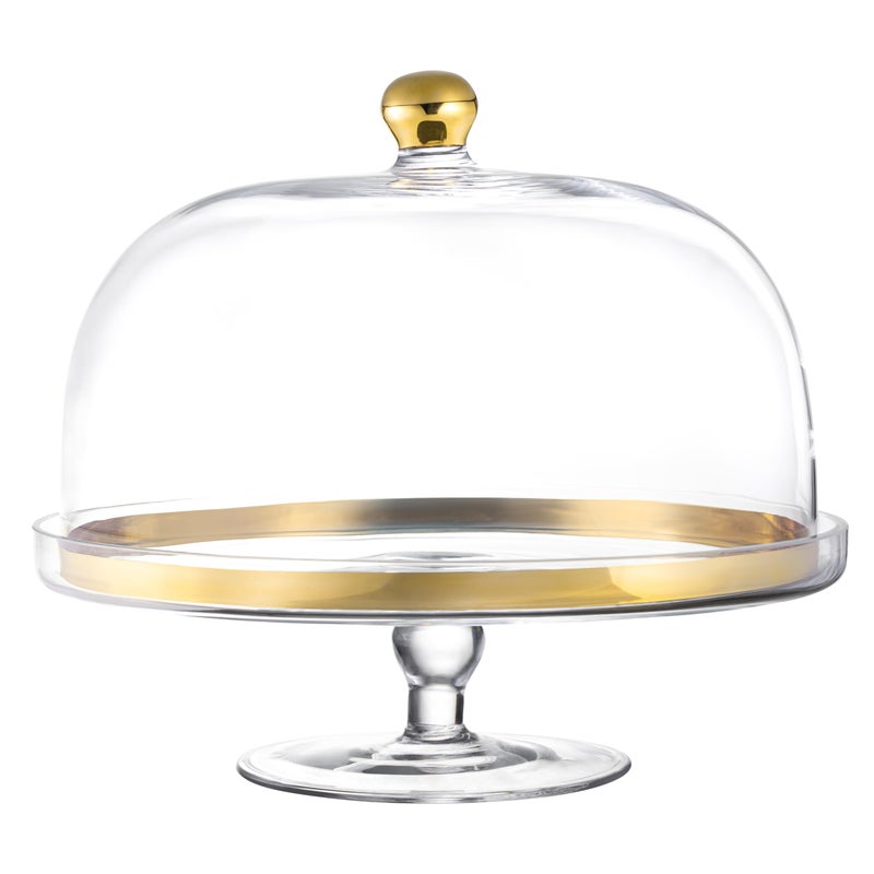 Barski Glass Cake Stand and Dome with Gold Rim and Gold Knob for Cake Fruit Cheese 1175 Diameter Made in Europe