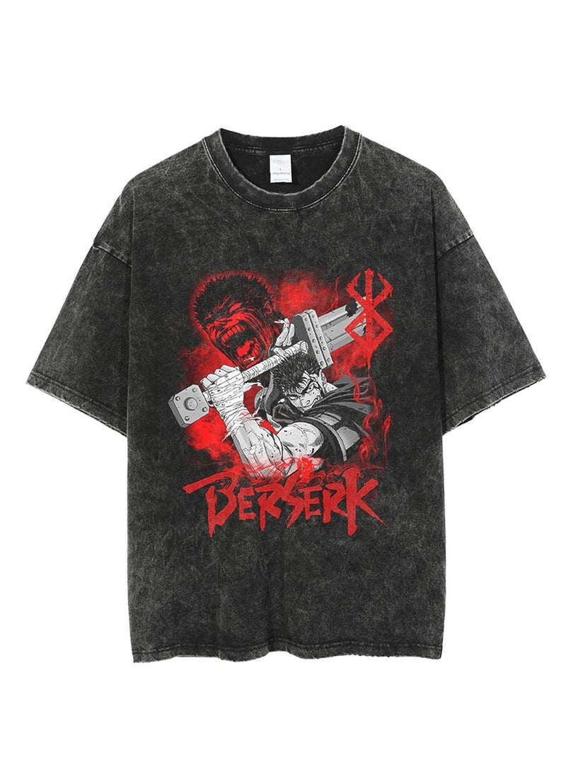 Men's new washed old dark anime print street retro t-shirt street trendy round neck short-sleeved t-shirt - Image 1