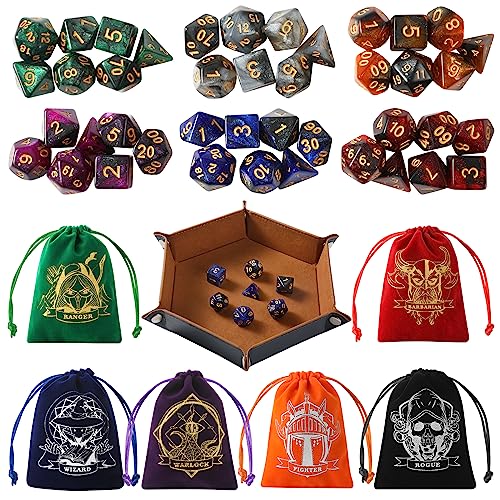 Grajar DD Dice Set with Characters Pattern Dice Pouches 42 Pcs polyhedral dice Set PU Leather and Velvet dice Tray for Dungeons and Dragons DD RPG MTG Table Games Starry Sky - Image 1