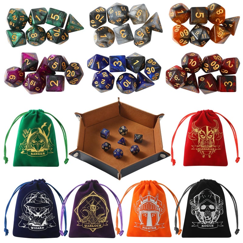 Grajar DD Dice Set with Characters Pattern Dice Pouches 42 Pcs polyhedral dice Set PU Leather and Velvet dice Tray for Dungeons and Dragons DD RPG MTG Table Games Starry Sky - Image 3