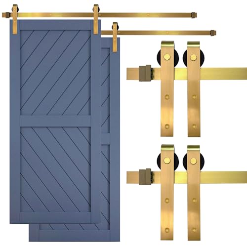 Rio Salto Gold Barn Door Hardware Kit Adjustable Length Sliding Hardware Modern Barn Interior Brushed Brass Panel Hardware Hardware Kit, (2) 6ft Single Door - NO Door - Image 1