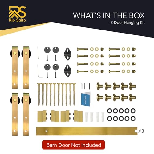 Rio Salto Gold Barn Door Hardware Kit Adjustable Length Sliding Hardware Modern Barn Interior Brushed Brass Panel Hardware Hardware Kit, (2) 6ft Single Door - NO Door - Image 5