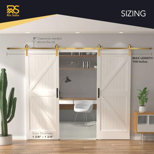 Rio Salto Gold Barn Door Hardware Kit Adjustable Length Sliding Hardware Modern Barn Interior Brushed Brass Panel Hardware Hardware Kit, (2) 6ft Single Door - NO Door - Image 2