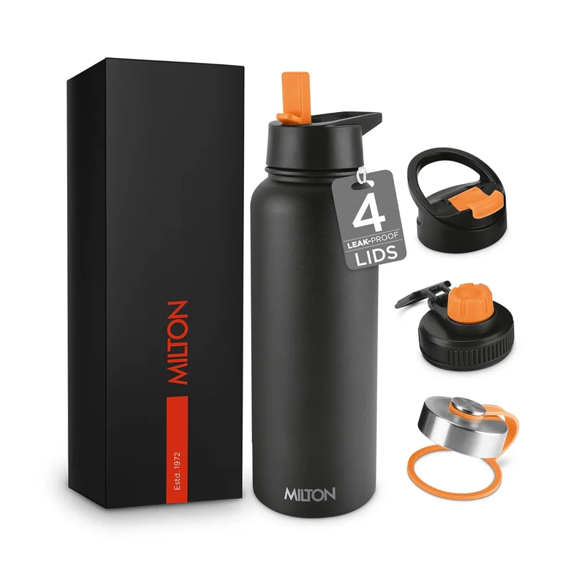 ميلتون قارورة مياه ميلتون ستانلس ستيل 40 أونصة بغطاء قشة - 4 أغطية، حافظة حرارية معزولة بالتفريغ مزدوج الجدار، 12 ساعة ساخن، 24 ساعة بارد، قارورة معدنية للرياضة، الجيم، السفر، فلاسيو، أسود