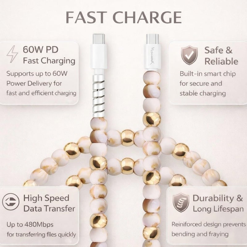 MyfavoriteK Elegant Beaded Phone Charger USB Cable Cute USB-C Charging Cable Colorful 3.3ft Cord for iPhone Smartphones (USB-C to USB-C, Marble & Gold) - Image 3