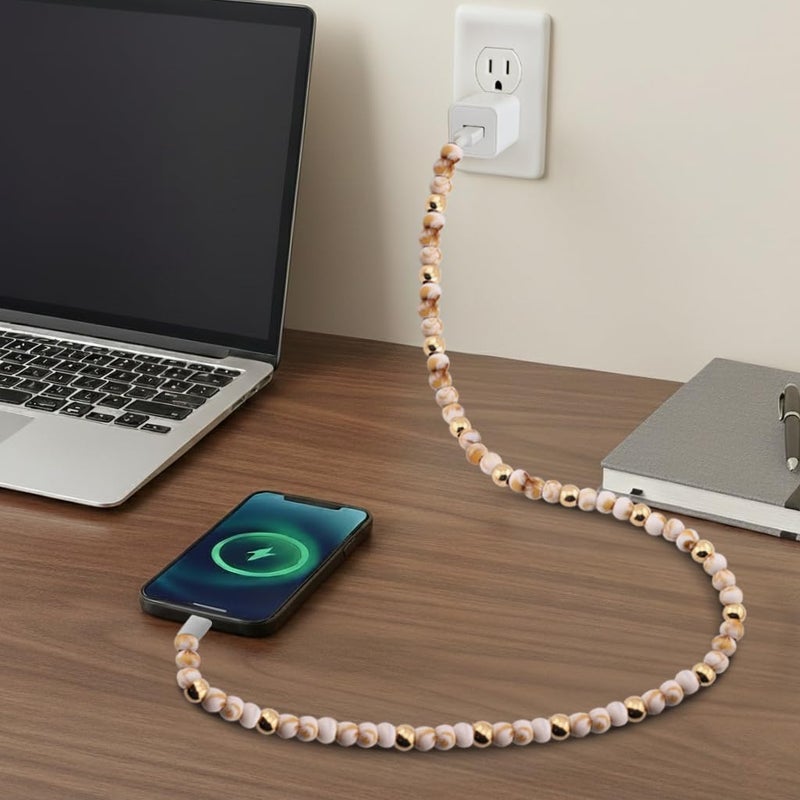 MyfavoriteK Elegant Beaded Phone Charger USB Cable Cute USB-C Charging Cable Colorful 3.3ft Cord for iPhone Smartphones (USB-C to USB-C, Marble & Gold) - Image 5