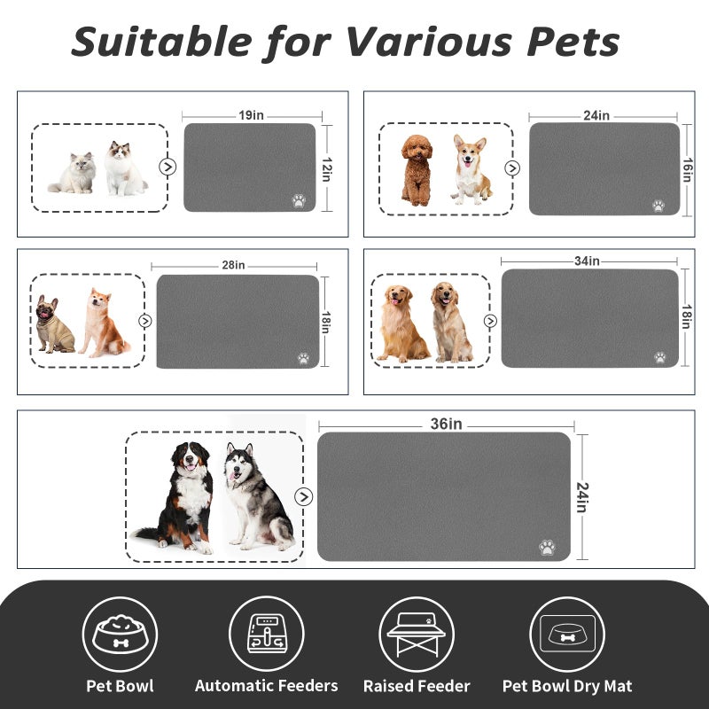 HotLive Dog Food Mat - Absorbent Cat Mat for Food and Water, No Stains Pet Feeding Bowl Mat, Easy to Clean Pet Placemats, Quick Dry Dog Water Dispenser Mat for Messy Drinkers | Paw Dark Grey 12"x 19" - Image 4
