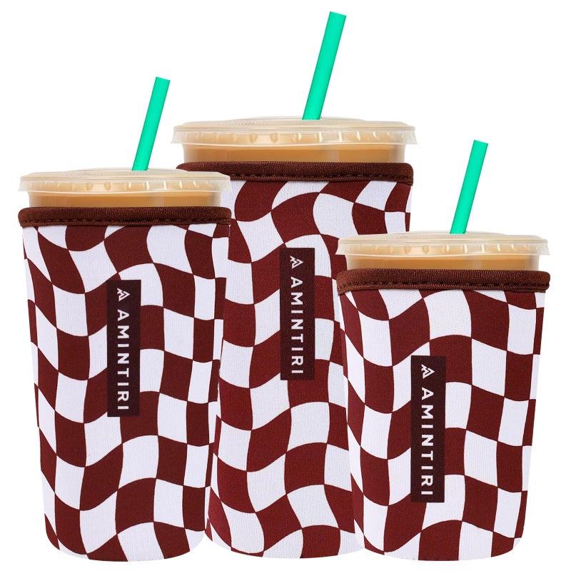 Amintiri 3 Pack Reusable Sleeve for Iced Coffee Cup  Coffee Neoprene Sleeve for Iced&Hot Drinks  Coffee Sleeve Compatible with Starbucks  Dunkin Coffee Cup. (Mocha Checker Board) - Image 1