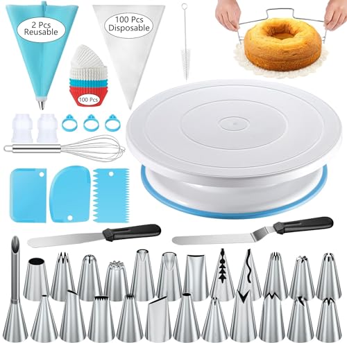GZMAISULEE 240PCS Cake Decorating Supplies Kits Cake Turntable 100 Piping Bags 100 Disposable Cupcake Liners 24 Icing Piping Tips 3 Icing Scrapers 2 Spatulas Cake Leveler for Baking - Image 1