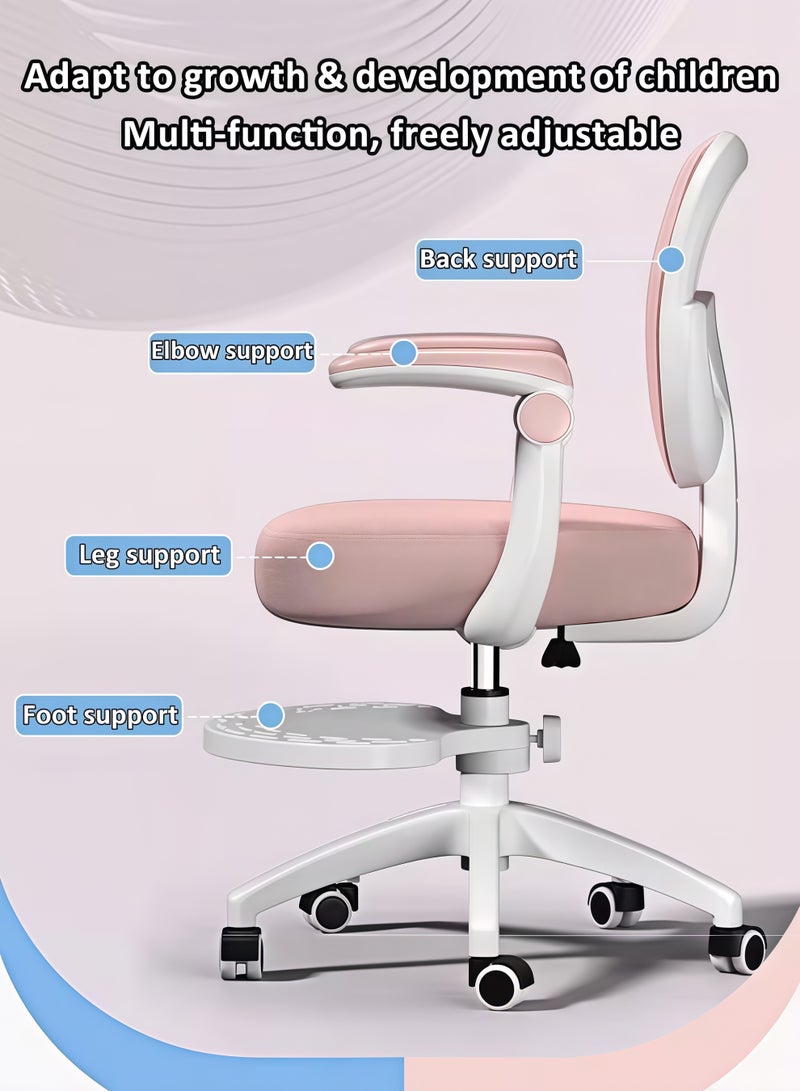 MLADEN Ergonomic Kids Desk Chair with Wheels, Boys Girls Desk Chair with Adjustable Armrests, Comfort Swivel Home Office Task Chair, Breathable Mesh Desk Chair, Lumbar Support Study Chair with Flip-up Arms and Adjustable Height (Pink) - Image 5