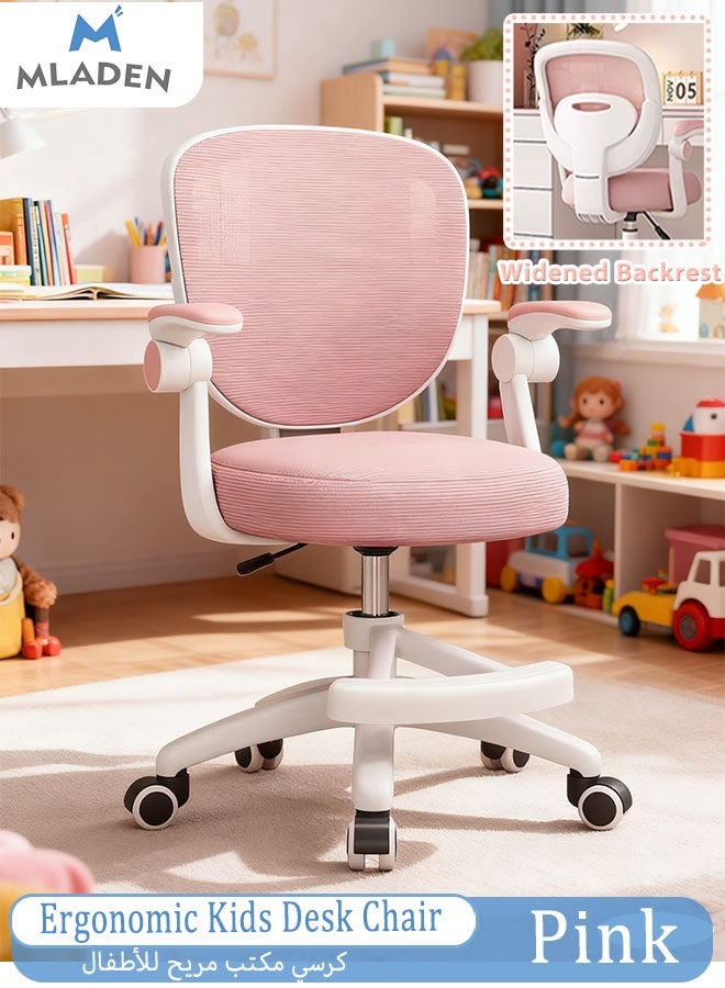 MLADEN Ergonomic Kids Desk Chair with Wheels, Boys Girls Desk Chair with Adjustable Armrests, Comfort Swivel Home Office Task Chair, Breathable Mesh Desk Chair, Lumbar Support Study Chair with Flip-up Arms and Adjustable Height (Pink) - Image 1