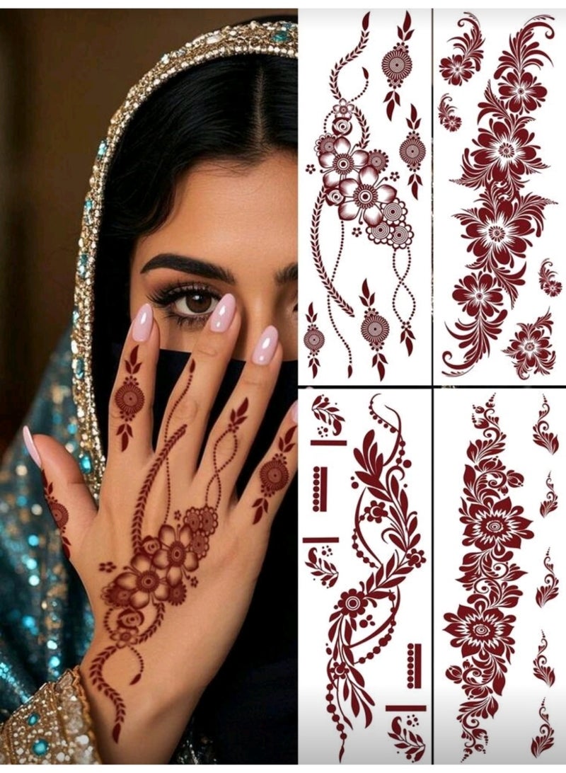 ملصقات تاتو مؤقتة بتصميم زهور الورد، تصميم بني وأحمر، فن جسم مقاوم للماء للنساء، حفلات الزفاف، 8 قطع - Image 3