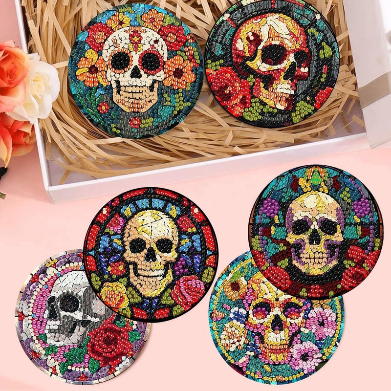 croshom 8 Pcs Diamond Painting Coasters,Skull Diamond Painting Kits,Skull Diamond Art Coasters,5D DIY Full Drill Diamond Dots,Diamond Art Kits for Adults Arts and Crafts Supplies - Image 5